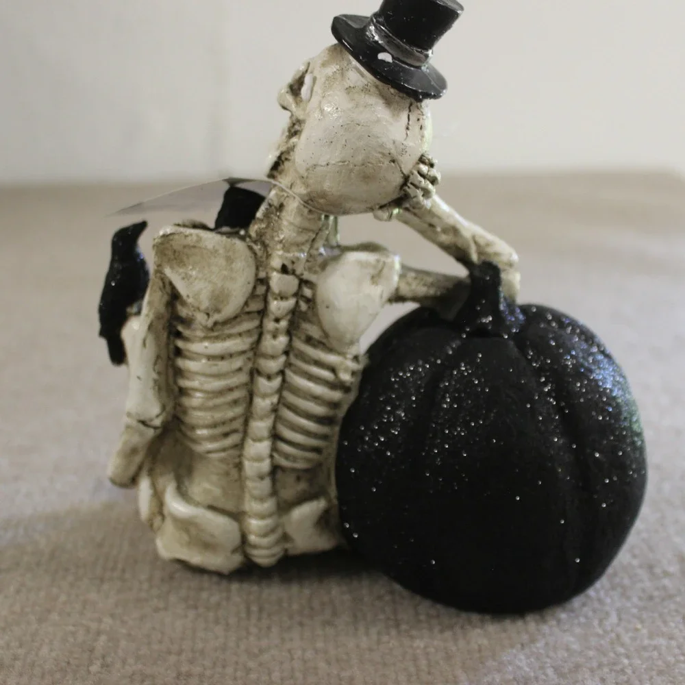 Halloween Skeleton Figurine Top Hat Glitter Pumpkin Light Up LED Decor 8.5in